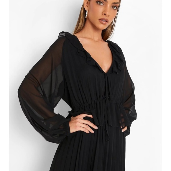 Pleated Long Sleeve Ruffle Midi Smock Dress - Picture 2 of 5